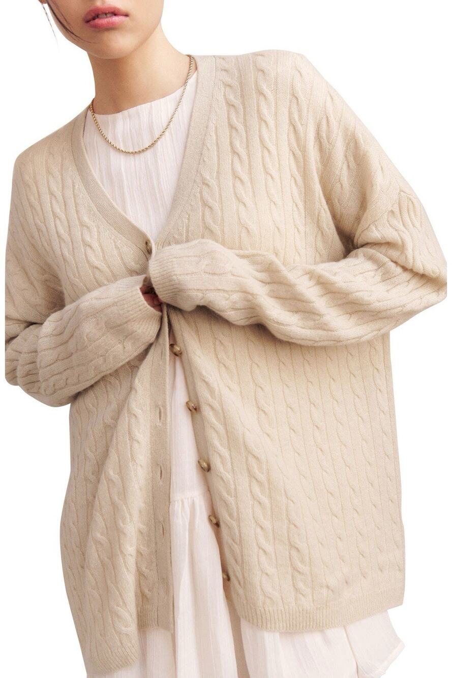 Reformation Giusta Cashmere Cable Knit Cardigan Sweater Neutral Oversized Small